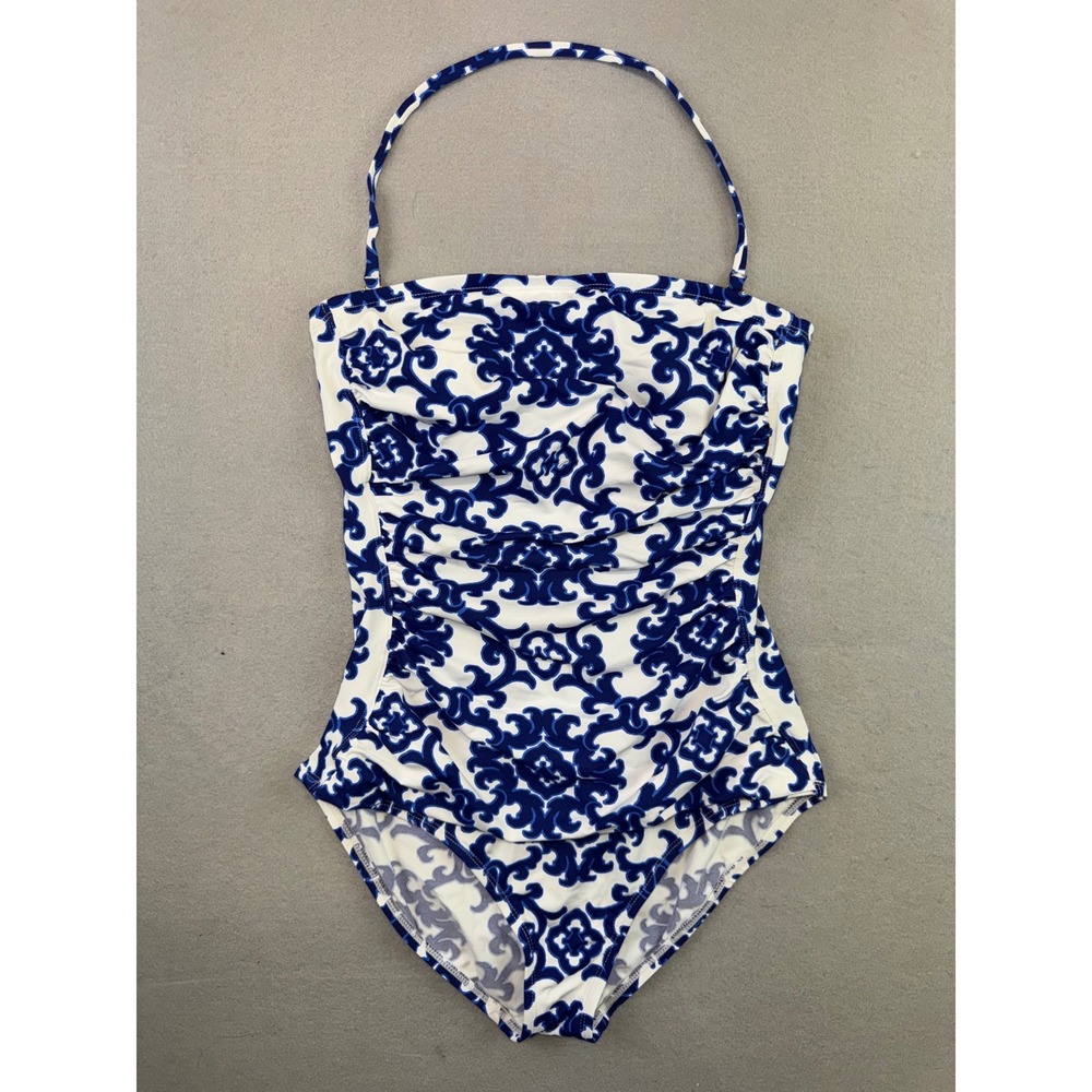 Tommy Bahama Blue White Damask Scroll Bandeau One Piece Swimsuit 10 TSW99706P